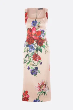 abito midi in raso stretch stampa fiori