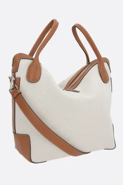 borsa a mano media in canvas e pelle liscia
