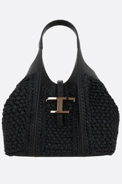 borsa shopping T Timeless mini in rafia e pelle liscia