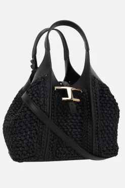 borsa shopping T Timeless mini in rafia e pelle liscia