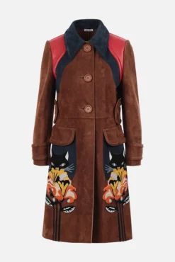 cappotto monopetto in suede con patch Fiori