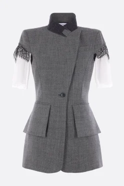 giacca a maniche corte in tweed e pizzo