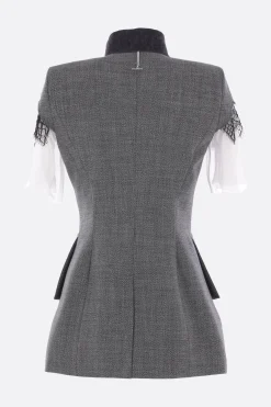 giacca a maniche corte in tweed e pizzo