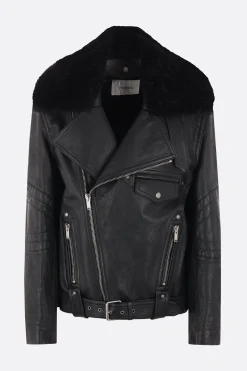 giacca biker in pelle vintage e shearling