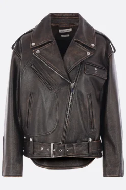 giacca biker oversize in pelle anticata