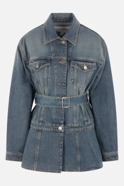 giubbotto in denim con cintura e baschina