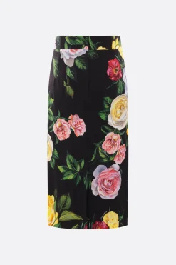 gonna longuette in charmeuse stampa Peonie e Rose
