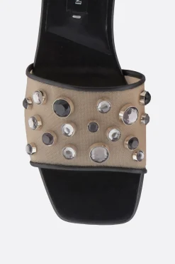 sandalo slide in rete con strass