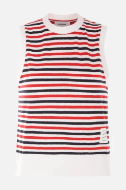 top smanicato in lino a righe